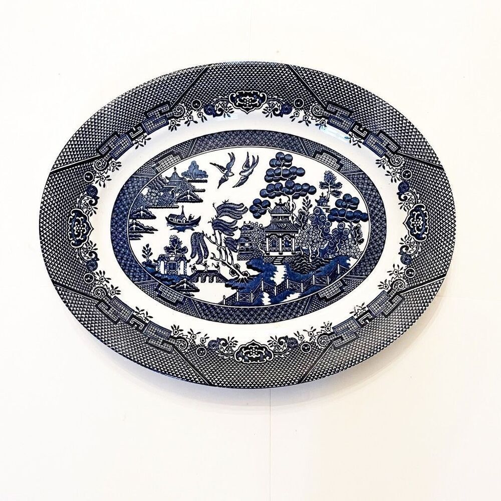 Churchill Oval blue Willow Blue White Toile Platter Staffordshire Chinoiserie